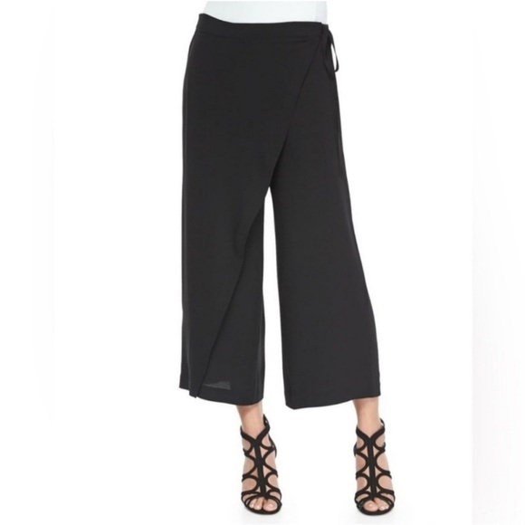 Eileen Fisher Silk Georgette Crop Black Wide-Leg Wrap Pants - Picture 2 of 12